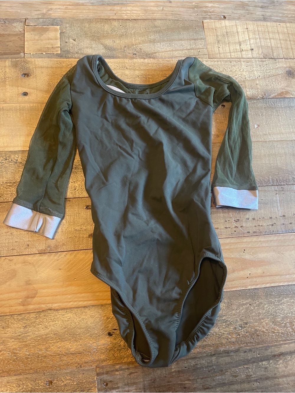 Five Olive Green Long Sleeve Leotard with Light Cuffs; Mesh Sleeves and Back. YL
